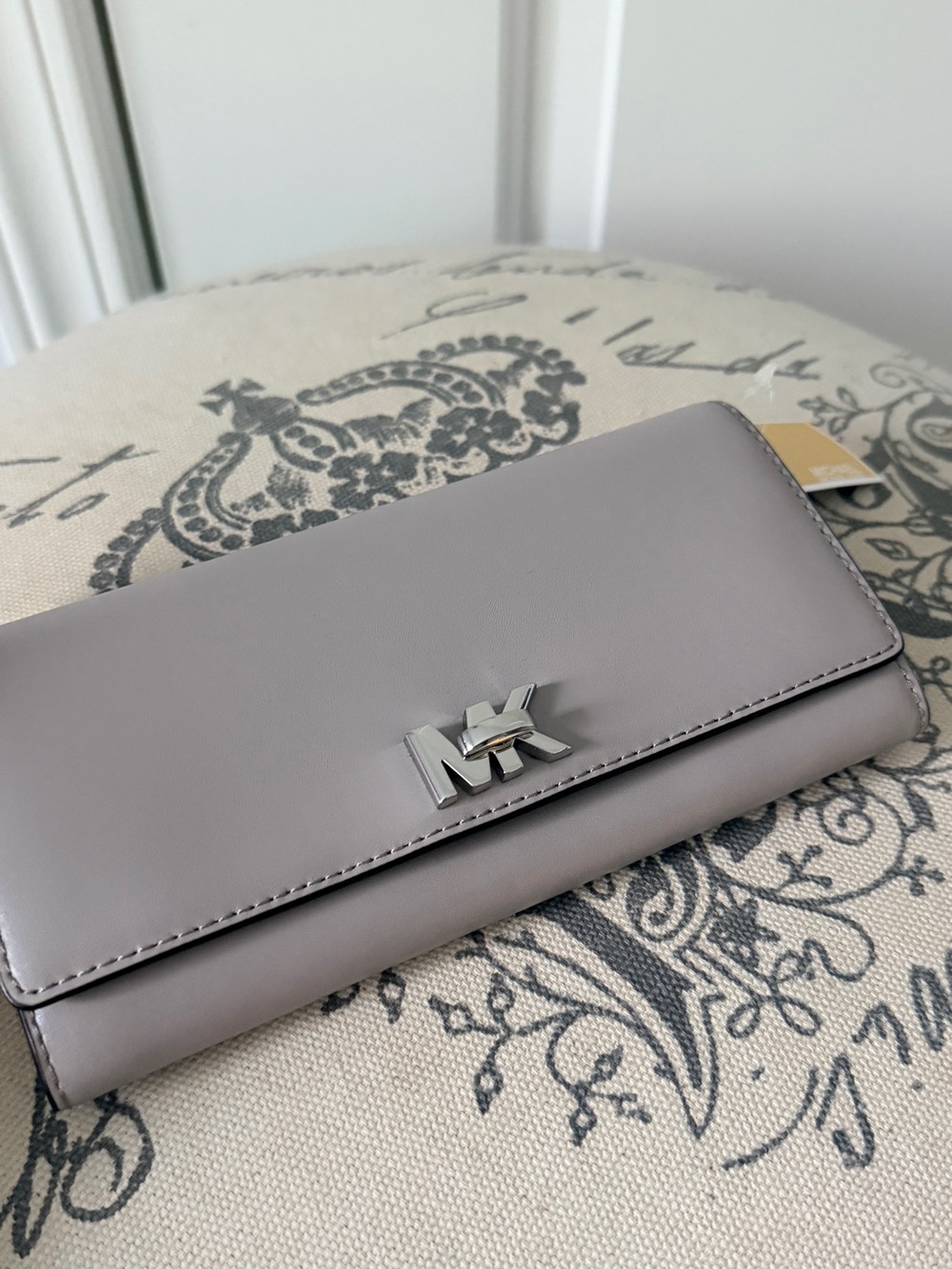 Michael Kors Light Gray Leather Continental Wallet with Silver MK Logo